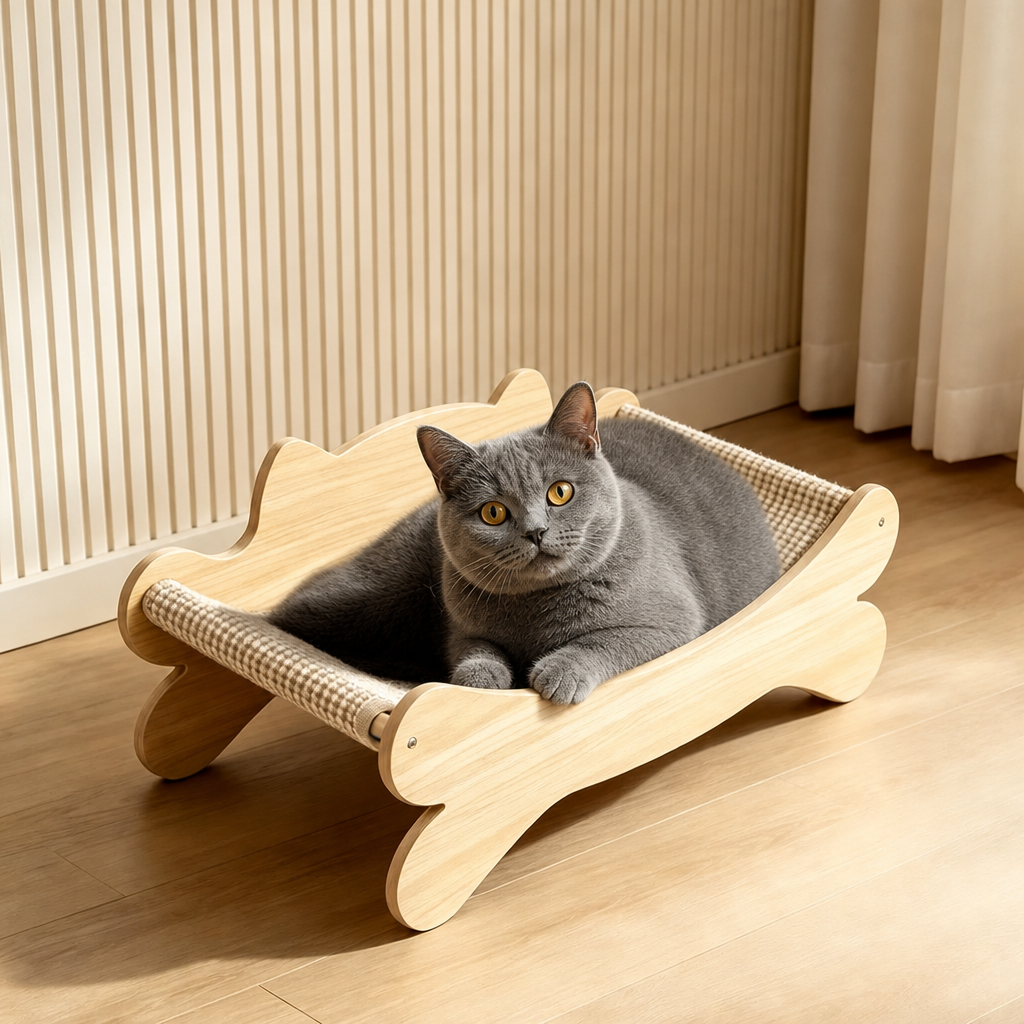 Wooden Cat Lounge Bed with Sisal Scratcher, view 2