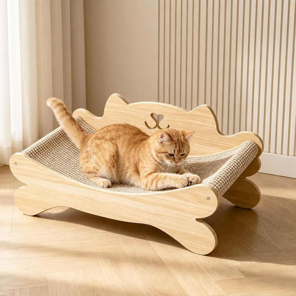 Wooden Cat Lounge Bed with Sisal Scratcher, view 4