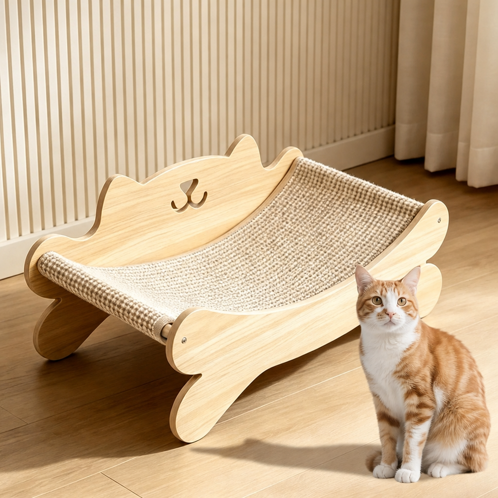 Wooden Cat Lounge Bed with Sisal Scratcher, view 3
