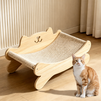 Wooden Cat Lounge Bed with Sisal Scratcher, view 3