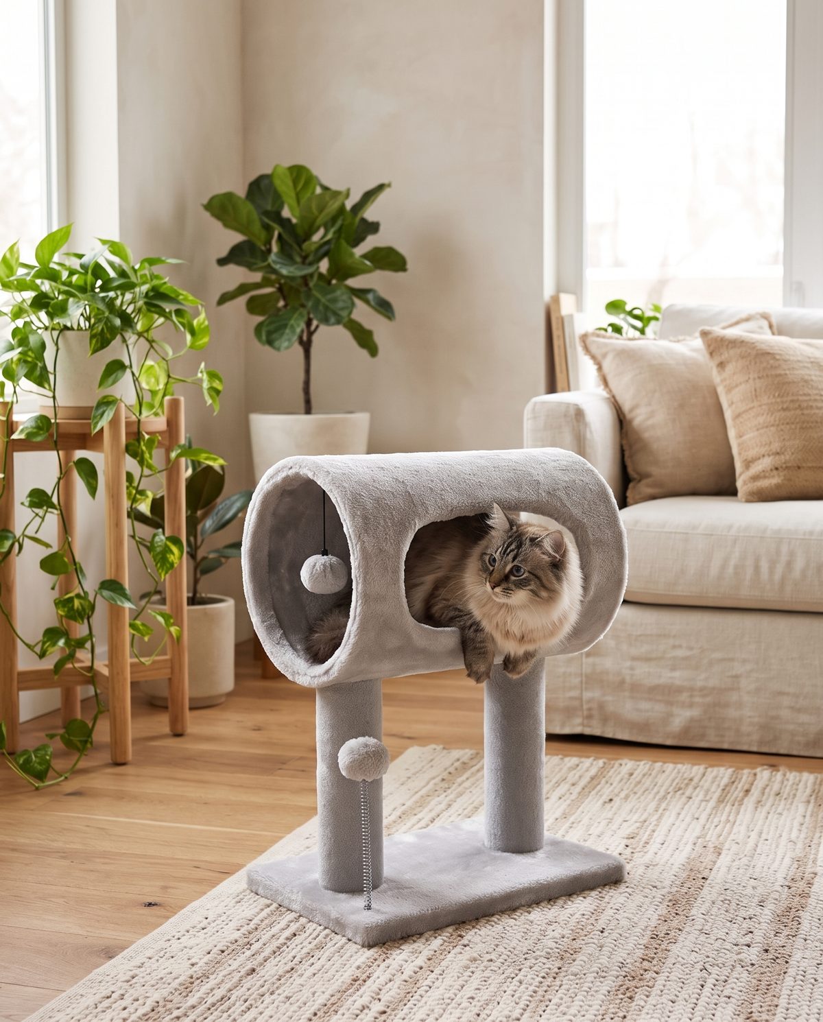 Cat resting on a cushioned window perch and in a plush cat tree tunnel in a bright living room