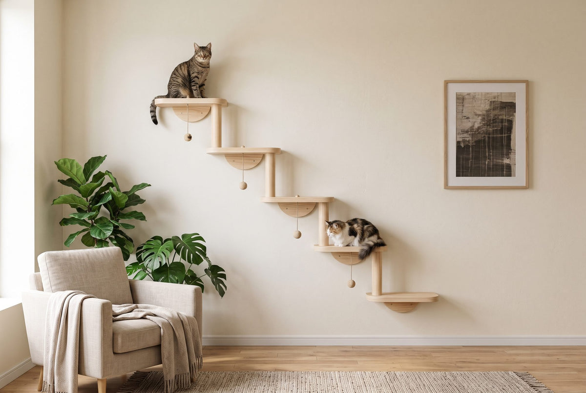 Two cats on wooden wall-mounted climbing shelves